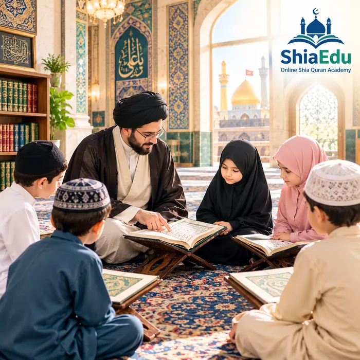 Shia Muslim families reciting the Quran together during a community gathering at the mosque