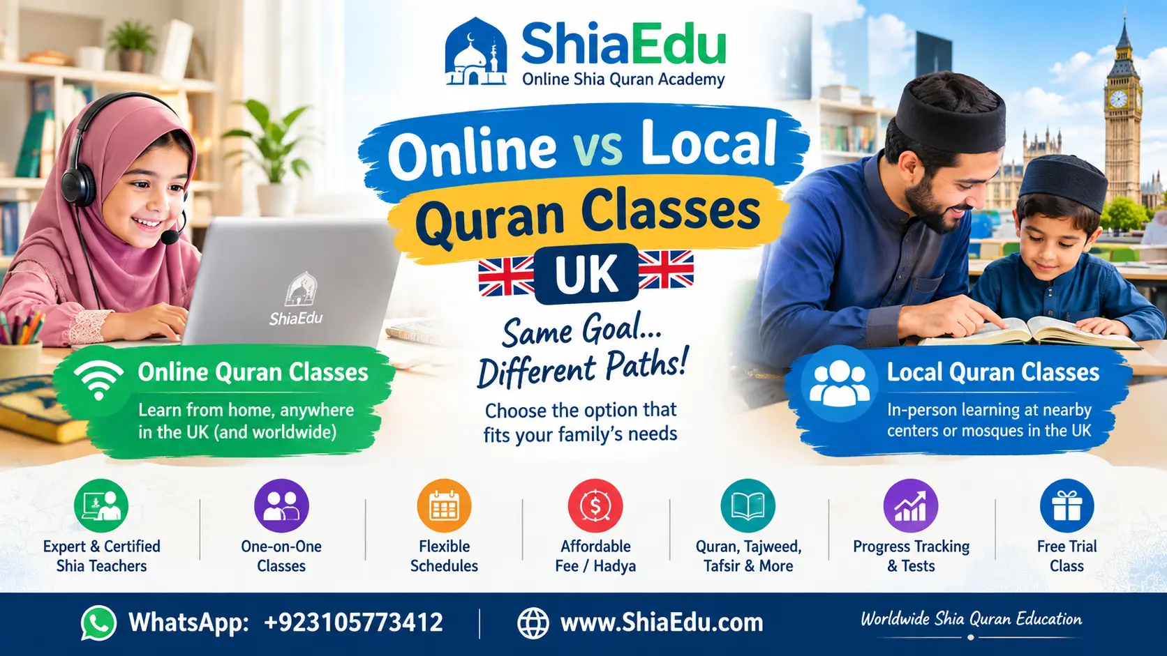 A UK Shia family comparing online and local Quran class options for their child