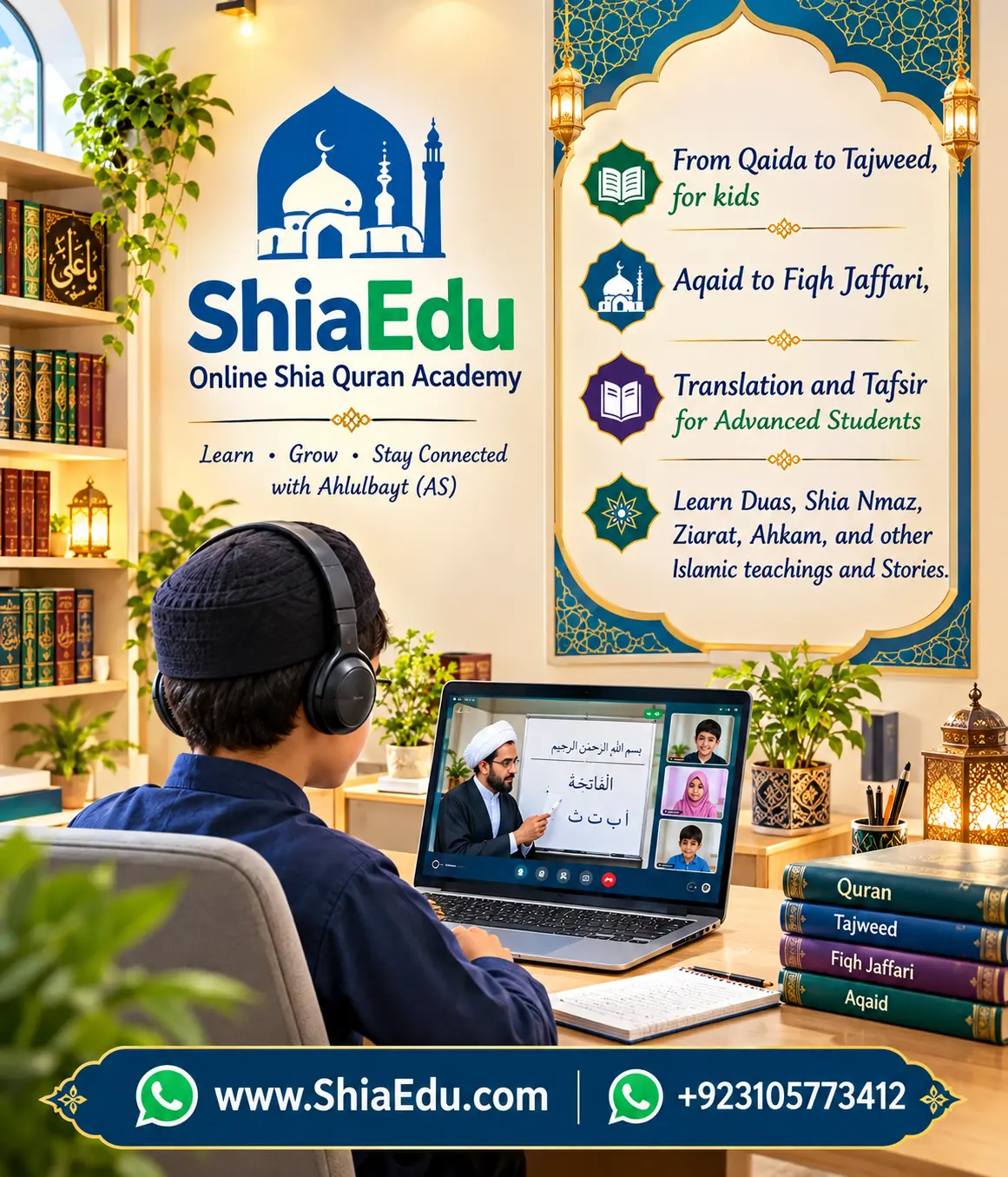 Split comparison showing a child in an online Quran class on one side and a local madrassa classroom on the other