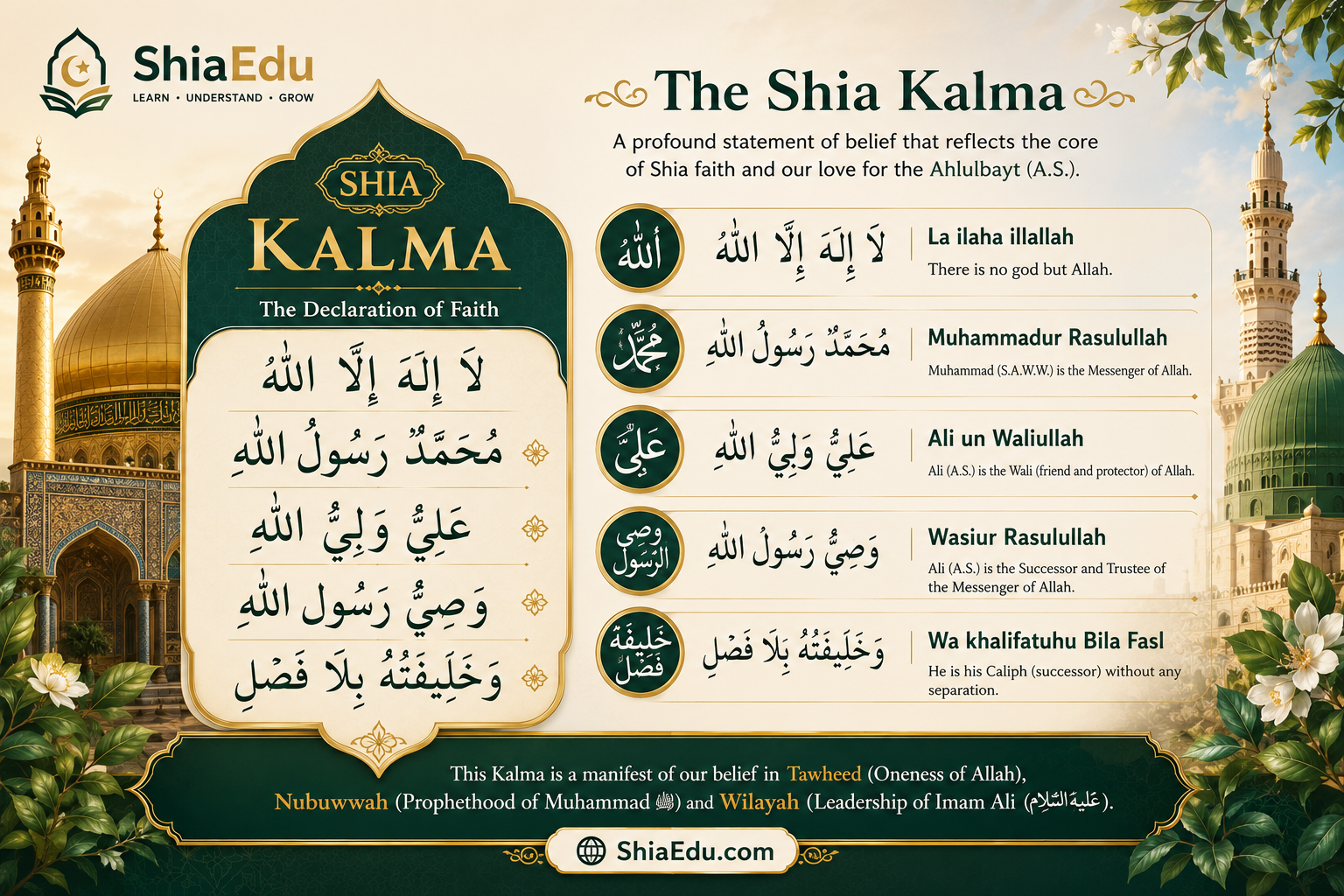 The Shia Kalma in Arabic calligraphy with English translation and Quranic references