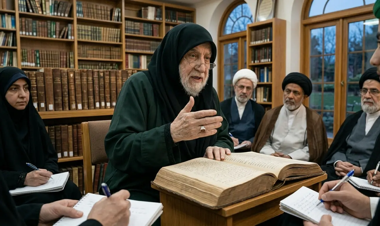 Senior Shia Islamic scholar teaching Usool-e-Deen and Shia Aqaid to adult students in a traditional library, with open Islamic texts