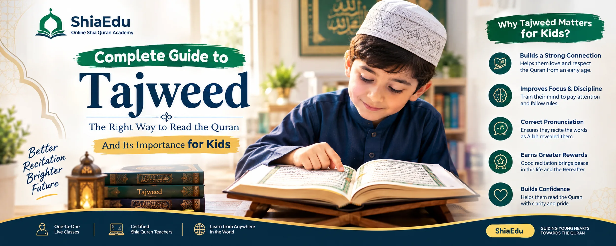 A student reciting the Quran with a certified Shia tutor while learning the rules of Tajweed