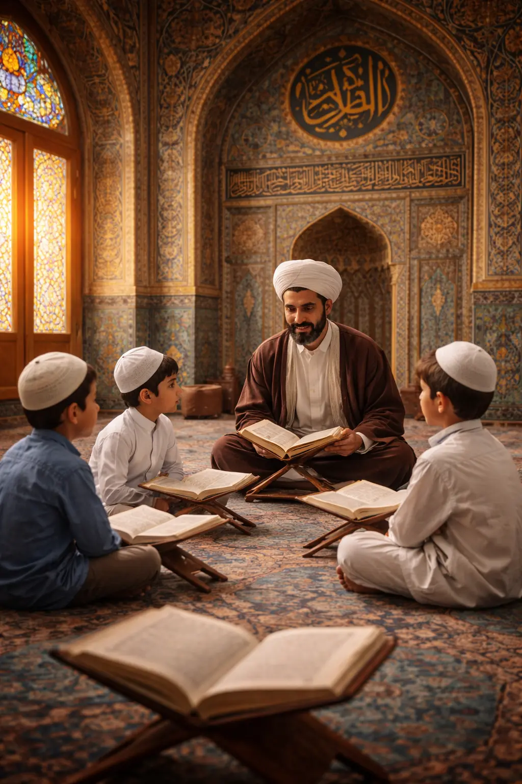 A Shia scholar teaching young boys Quran recitation — qualified Shia tutors bring authentic Quranic instruction directly to your child online | ShiaEdu